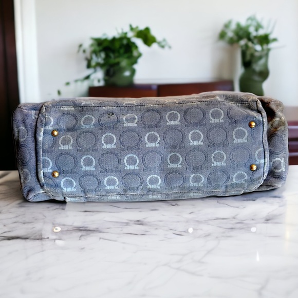 Ferragamo cotton blue denim shoulder satchel leather w/dustbag #H76c - Picture 6 of 10